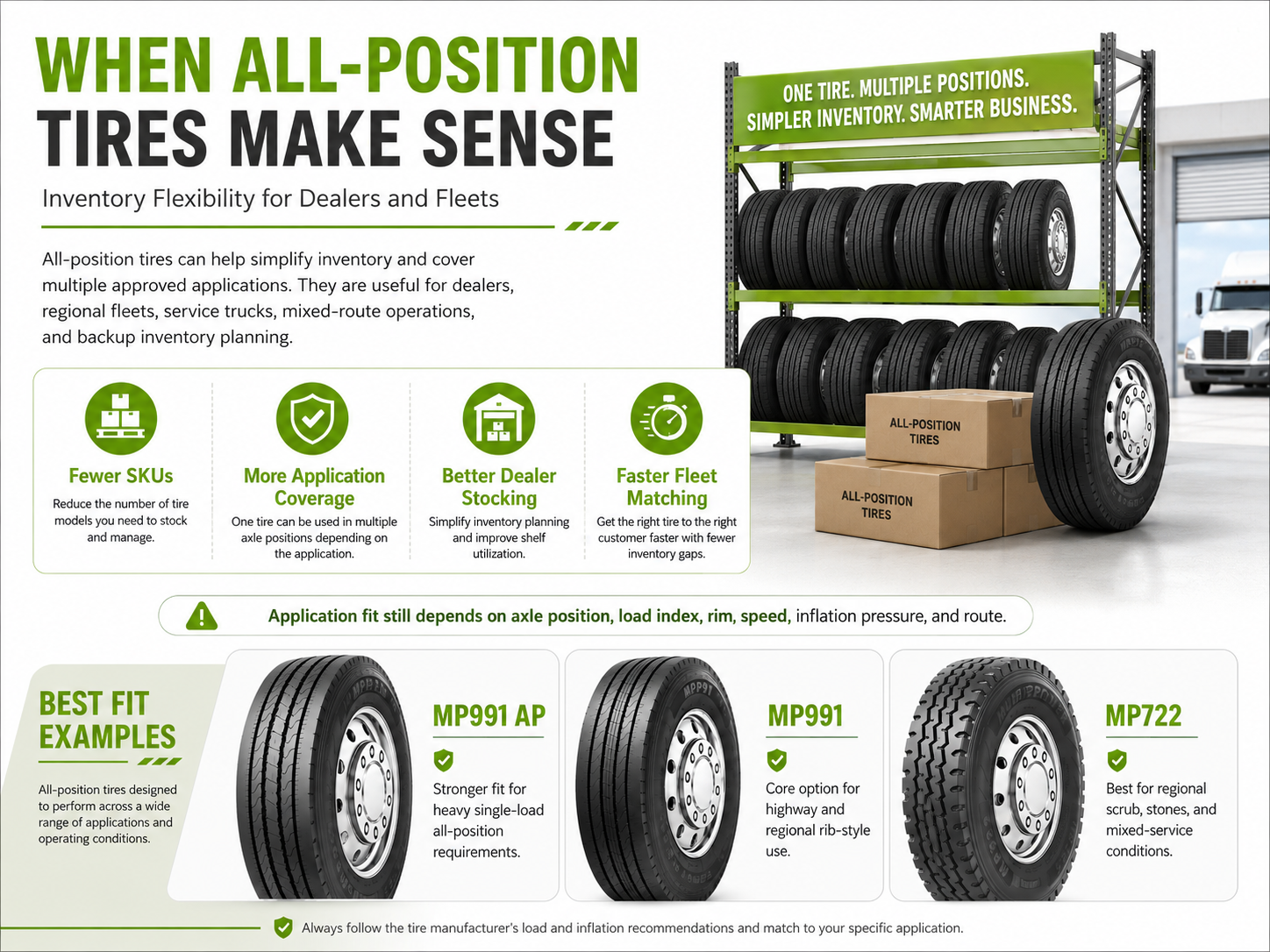 All position tire inventory flexibility infographic for dealers fleets and simplified stocking