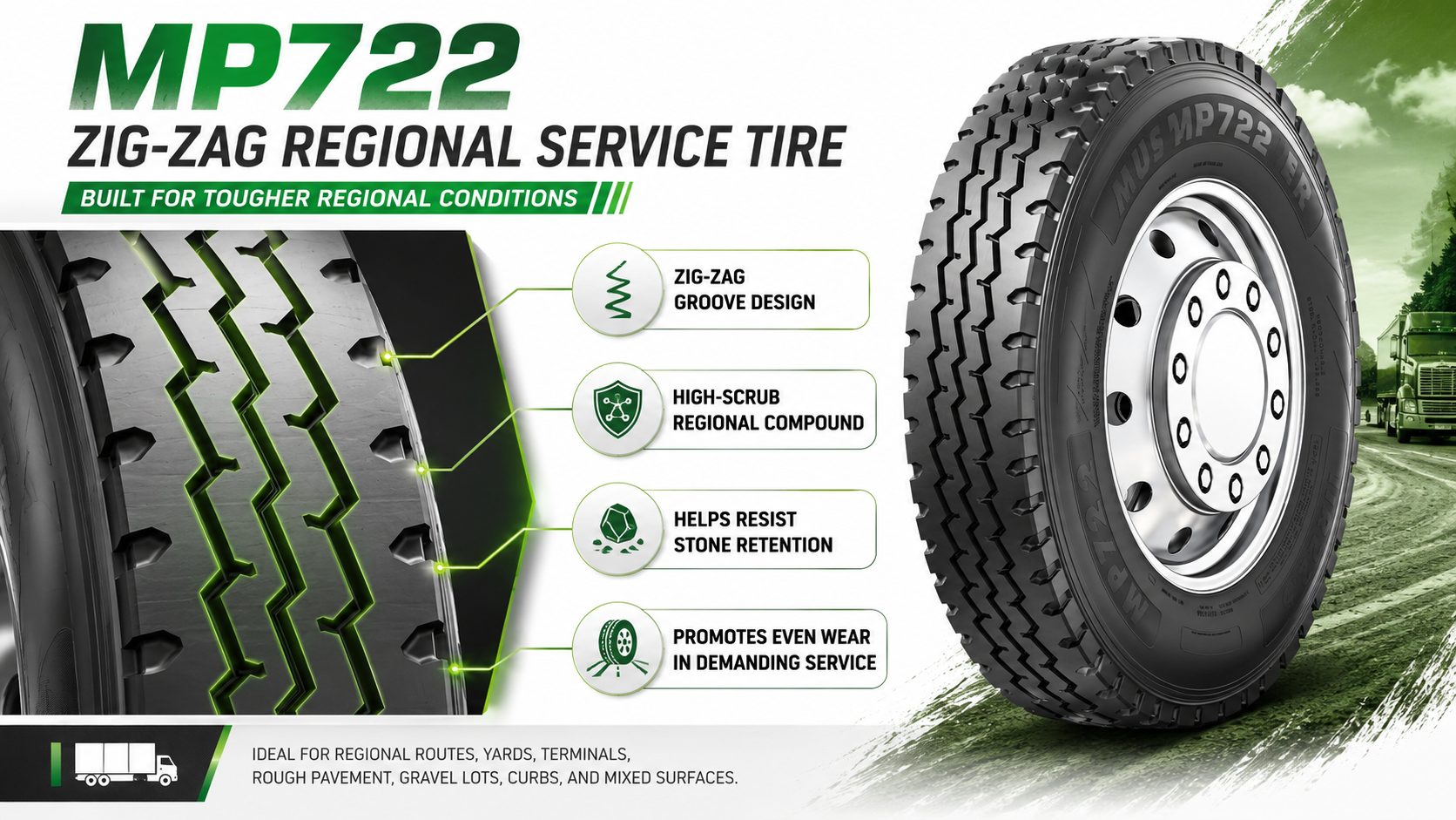 MP722 zig zag regional service tire infographic showing tread design stone resistance and cut and chip durability