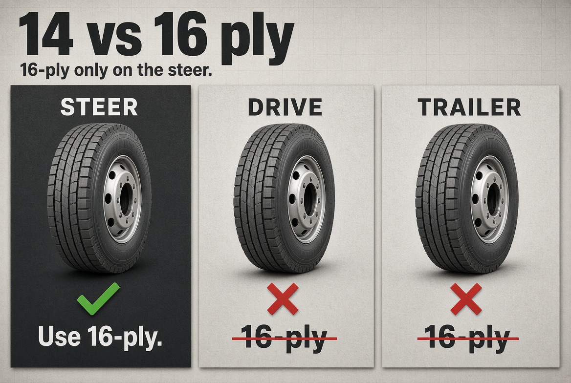 14 vs 16 ply. Steer checked for 16-ply. Drive and trailer 16-ply crossed out.