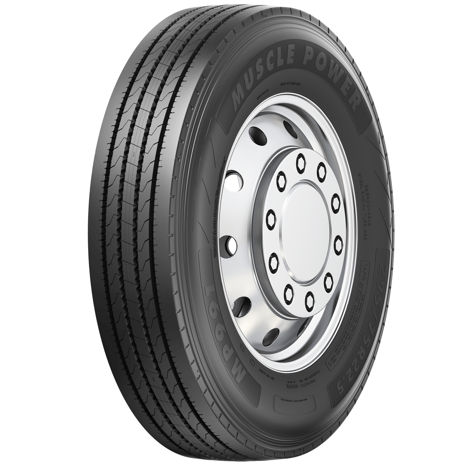 MP991 rib-style all-position tire angled side view