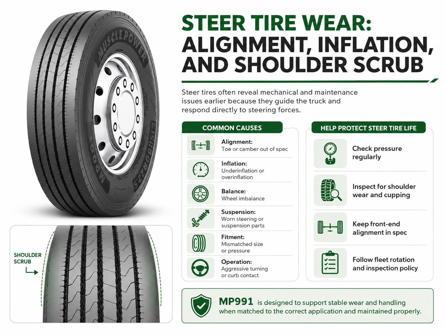 MP991 steer tire wear guide showing alignment inflation and shoulder scrub factors
