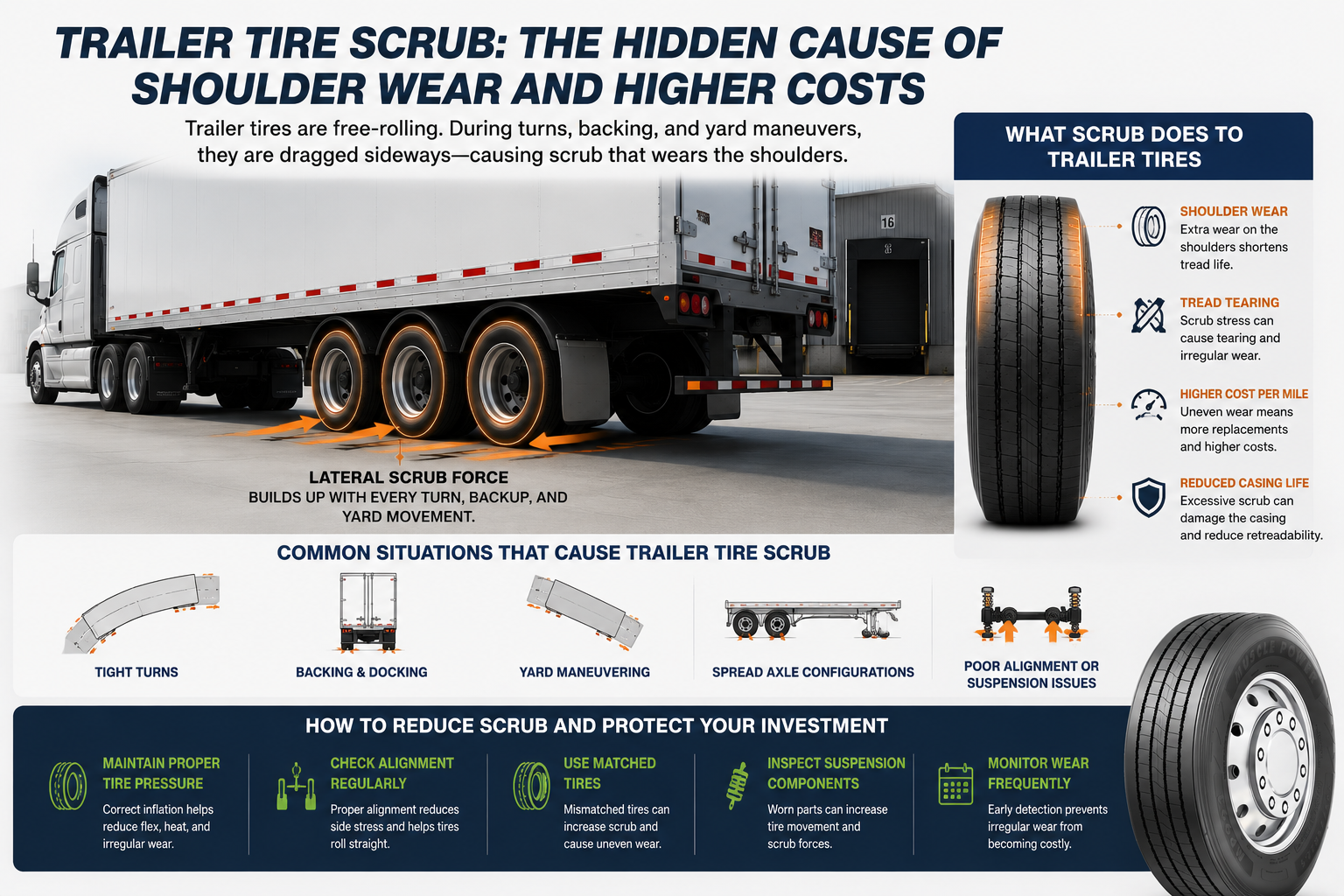 MP993 trailer tire scrub resistance infographic showing shoulder wear and cost per mile impact