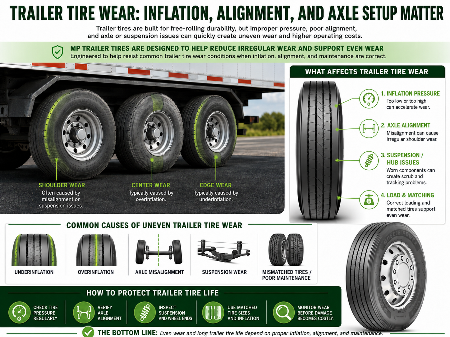 MP993 trailer tire wear guide showing inflation alignment axle setup and maintenance factors